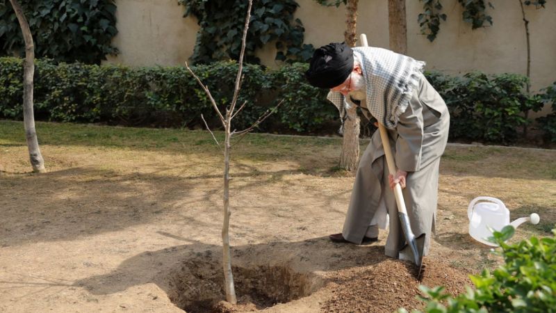 بالصور: الإمام الخامنئي يغرس ثلاث شتلات لمناسبة اليوم الوطني للشجرة